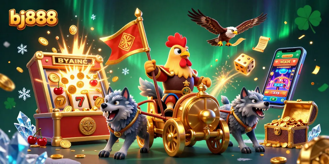 Bj888 offers thrilling gambling experiences with a 3D rooster warlord in an energetic casino scene.