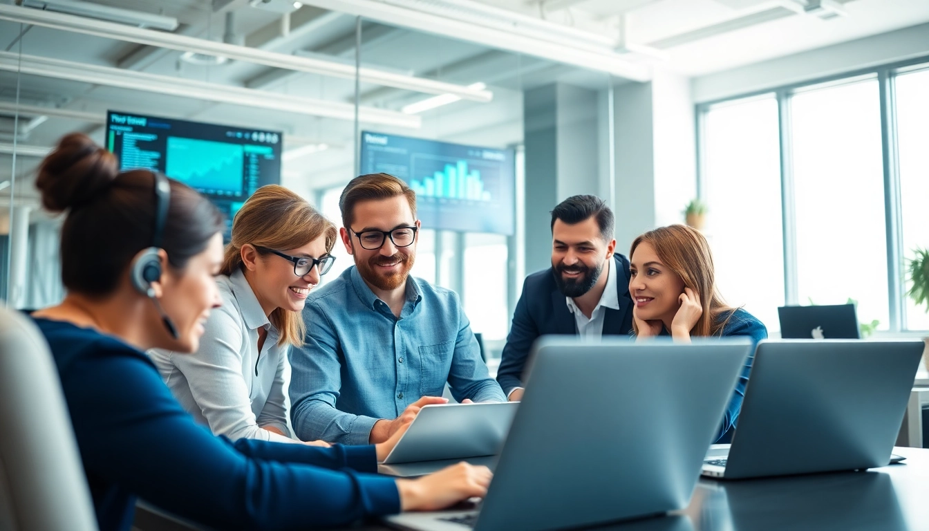 IT support business team collaborating in a modern office, demonstrating teamwork and technology.