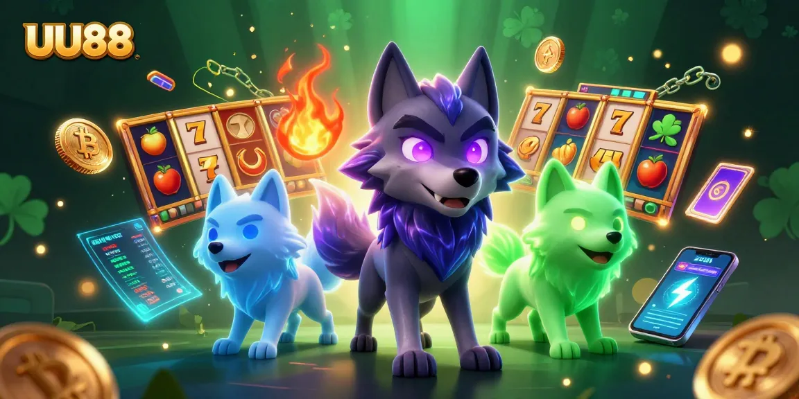 UU88 interactive casino scene showcasing vibrant slot reels and glowing coins.