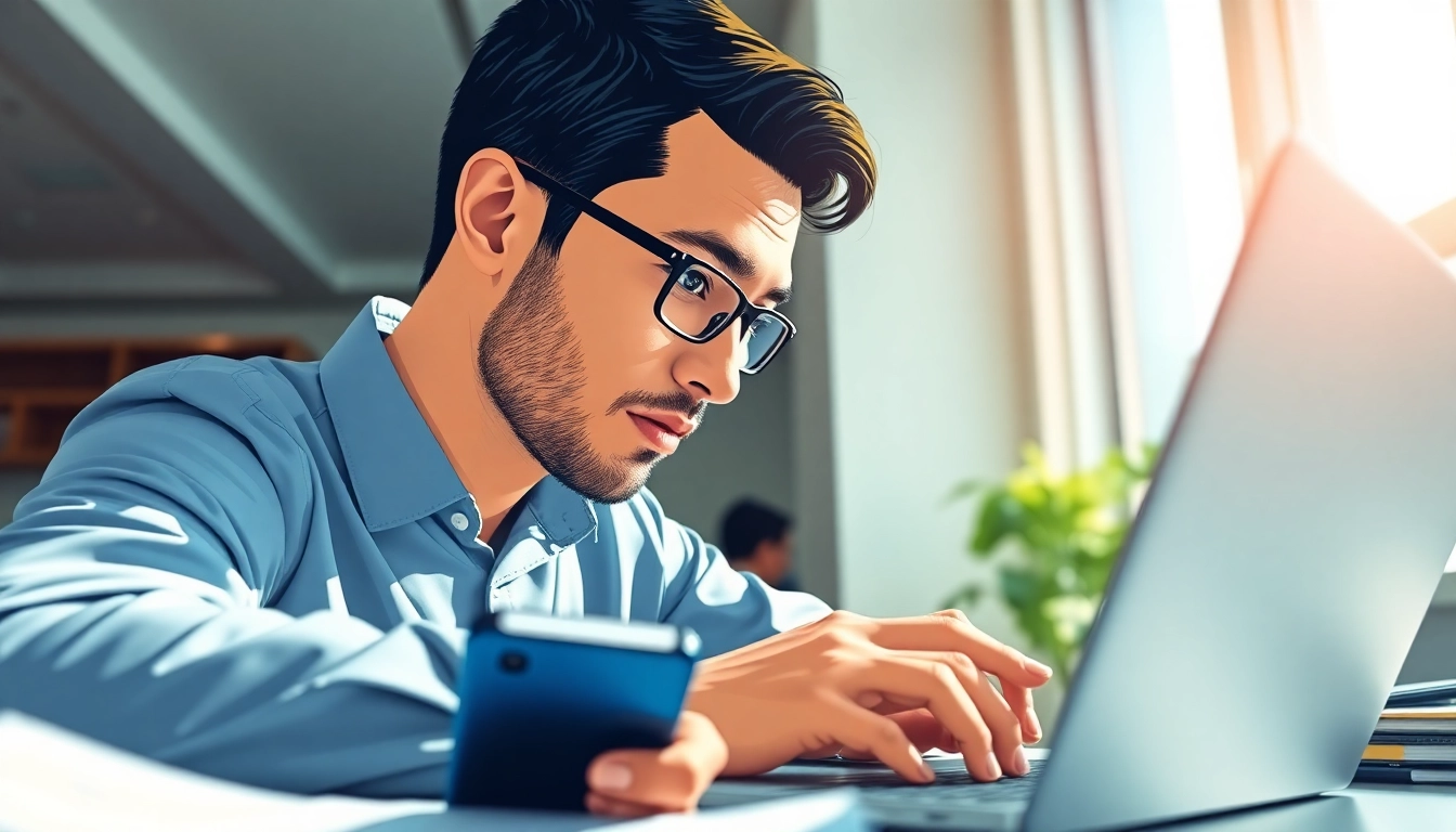 Engaging in a phone nr search while focused on a laptop, surrounded by modern office elements.