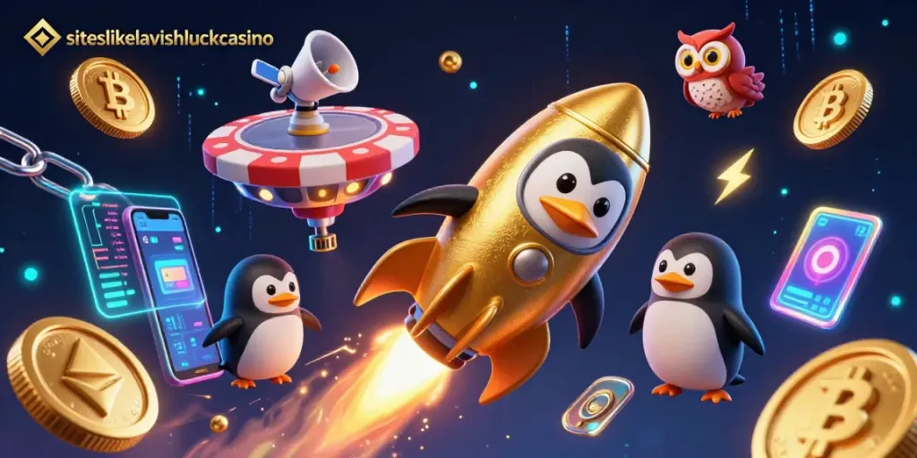 Experience gaming excitement at siteslikelavishluckcasino with a rocket-powered penguin and vibrant coins.