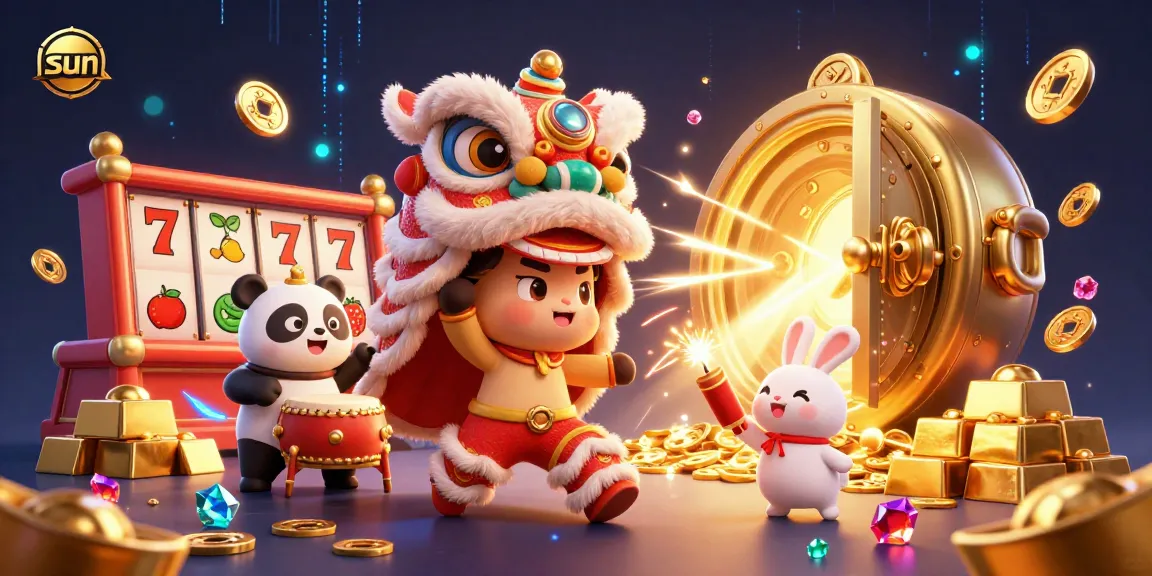 Engaging sun-themed casino illustration showcasing a lion dance, drumming panda, and exciting slot games.