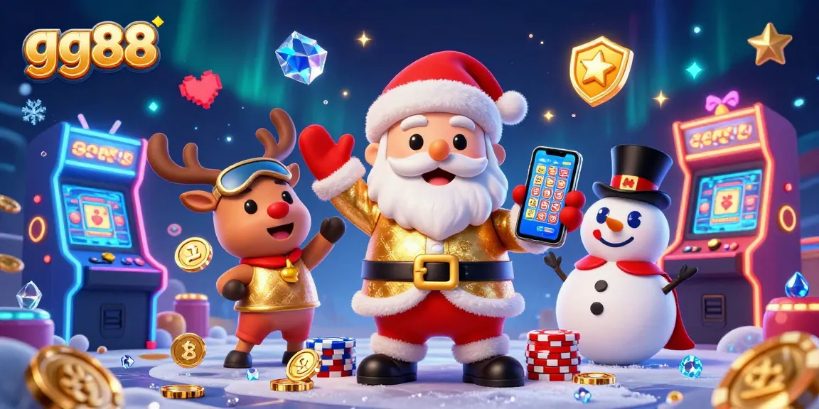 Experience the excitement of gg88 with a vibrant casino scene featuring Santa and friends.