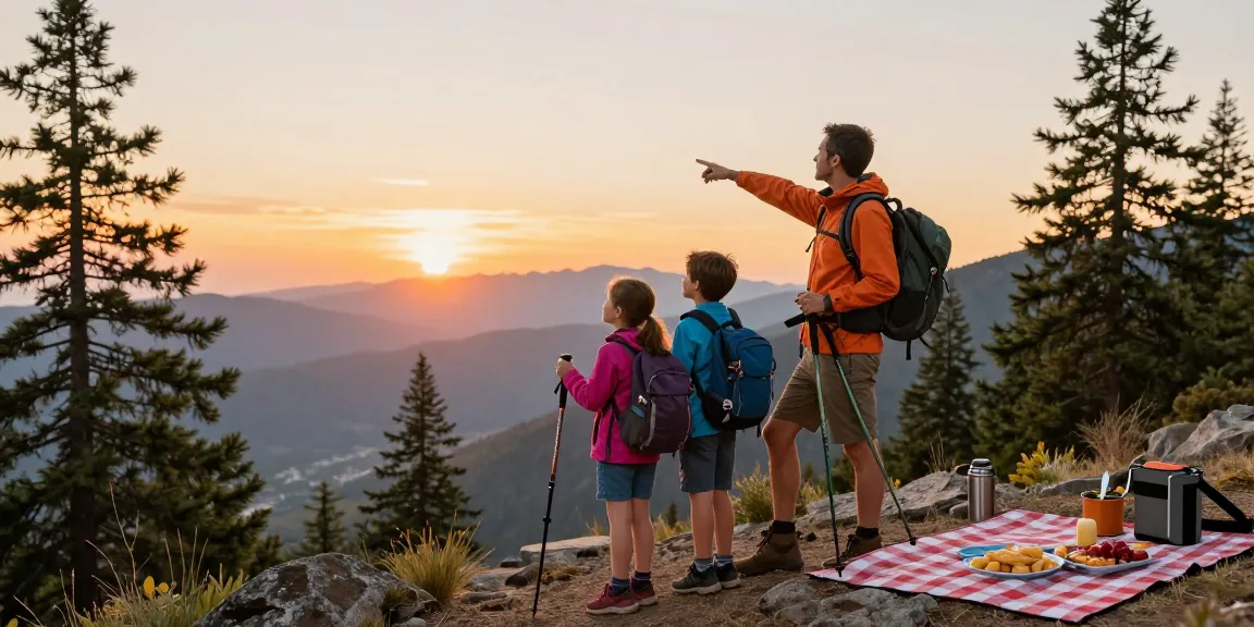 A family adventure scene featuring mantra88 during a sunset at a mountain viewpoint, showcasing outdoor gear and excitement in nature.