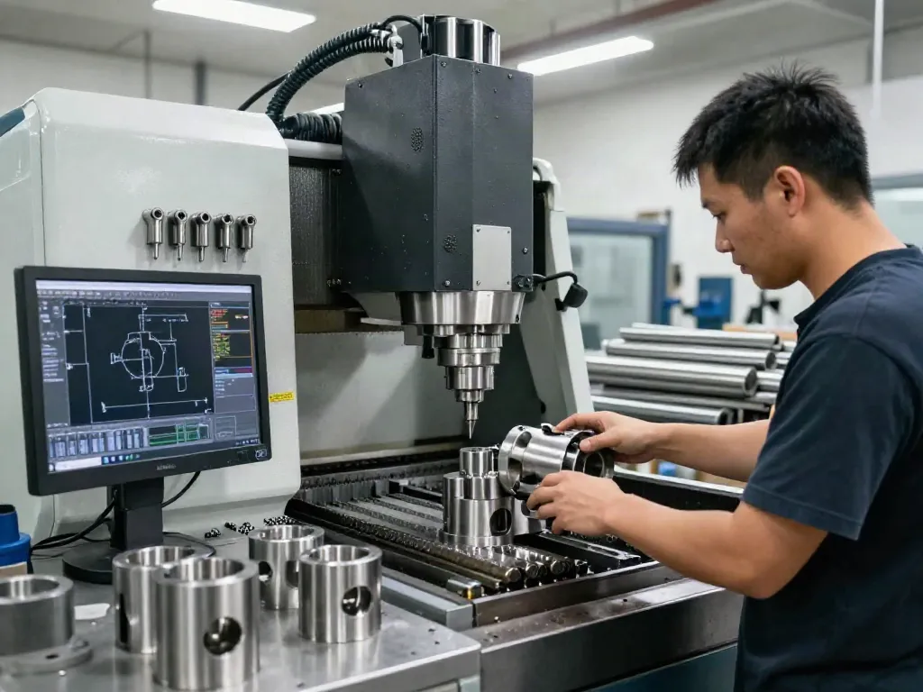 Machined stainless steel parts being crafted in a professional CNC machining workshop.