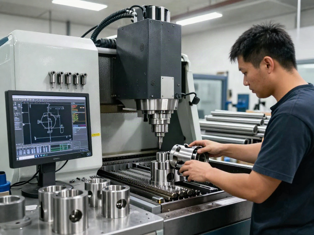 Machined stainless steel parts being crafted in a professional CNC machining workshop.