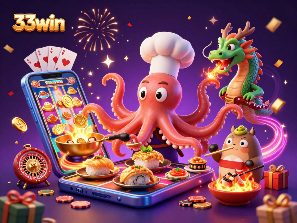 33win brings excitement with a vibrant 3D illustration of a sushi chef octopus, dragon, and tanuki in a colorful casino scene.