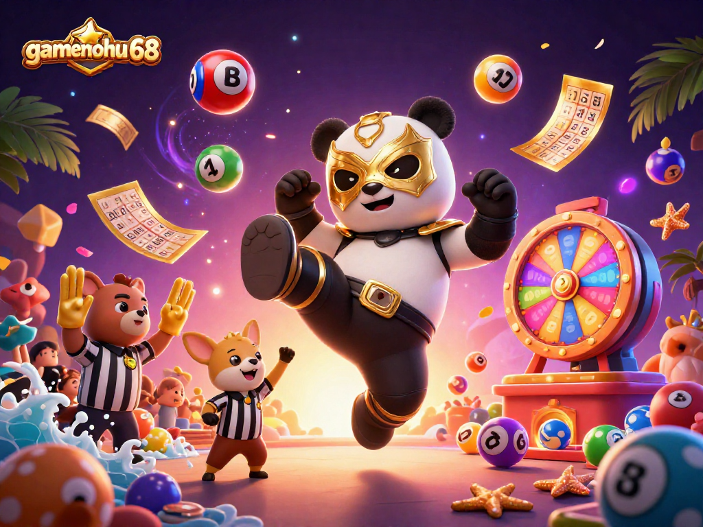 Join the excitement at gamenohu68 as the panda wrestler kicks off a vibrant casino celebration with lottery fun!