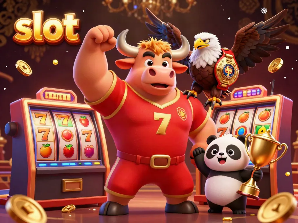 Engaging 3D illustration showcasing slot machine reels, lucky 7s, and joyous casino mascots celebrating victories.