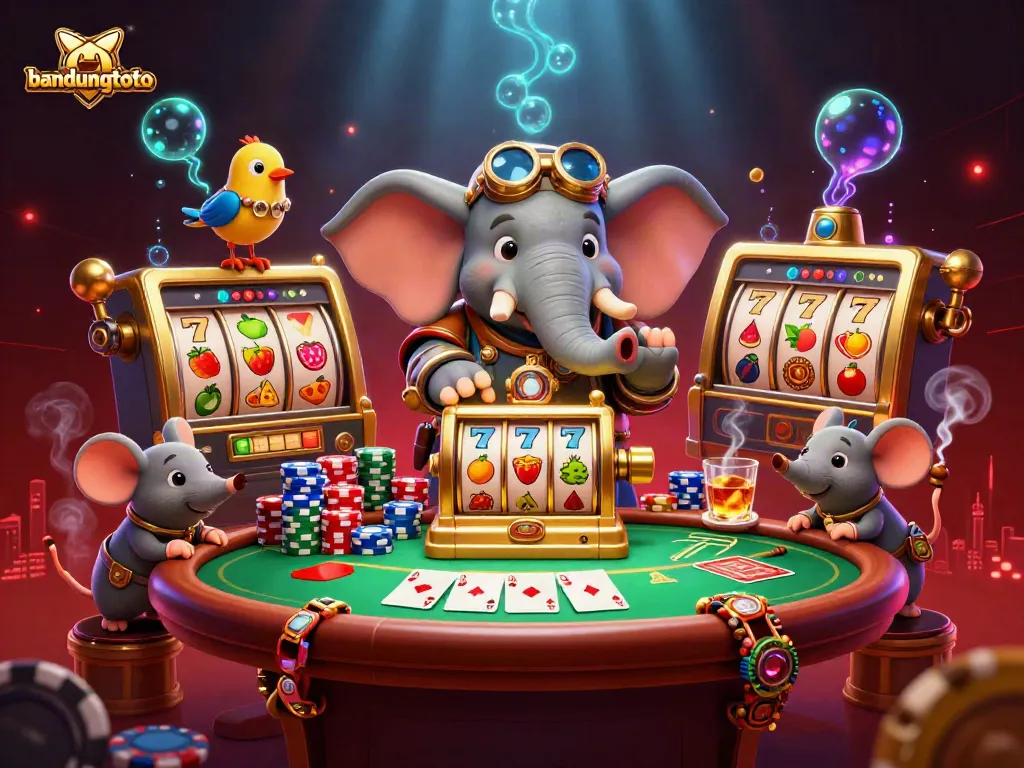 Experience the excitement of bandungtoto with a steampunk elephant engineer and vibrant slot machine in action.