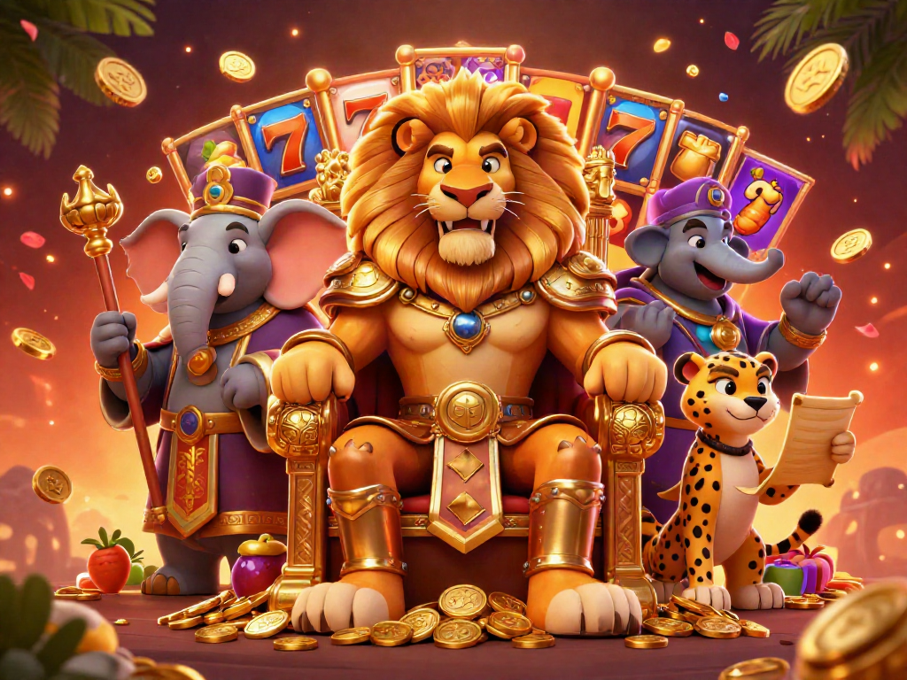 Experience the excitement of jepang88 with a vibrant illustration of a lion king, slot reels, and treasures.