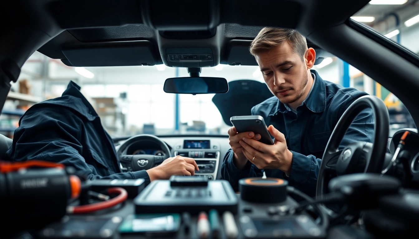 Technician installing Ghost 2 immobiliser in a vehicle with detailed tools and components