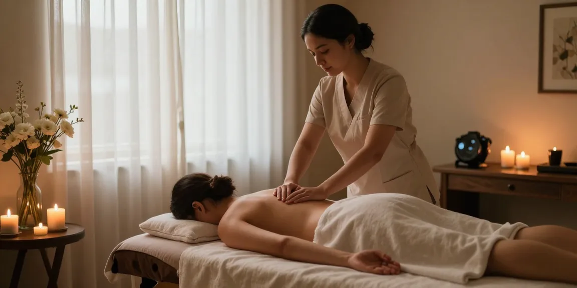 마사지 테라피 룸에서 스웨디시 마사지 받는 고객과 전문 마사지사