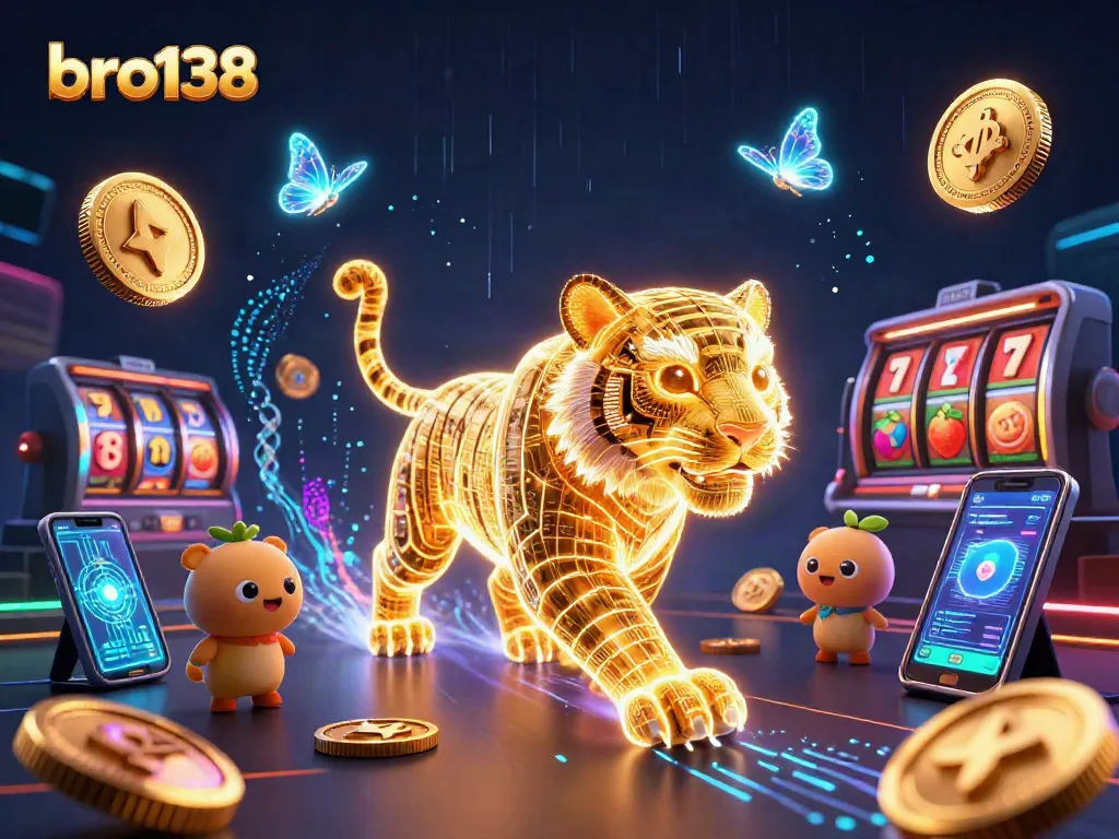 Engage with bro138 in this vibrant casino landscape featuring a neon tiger and crypto coins.