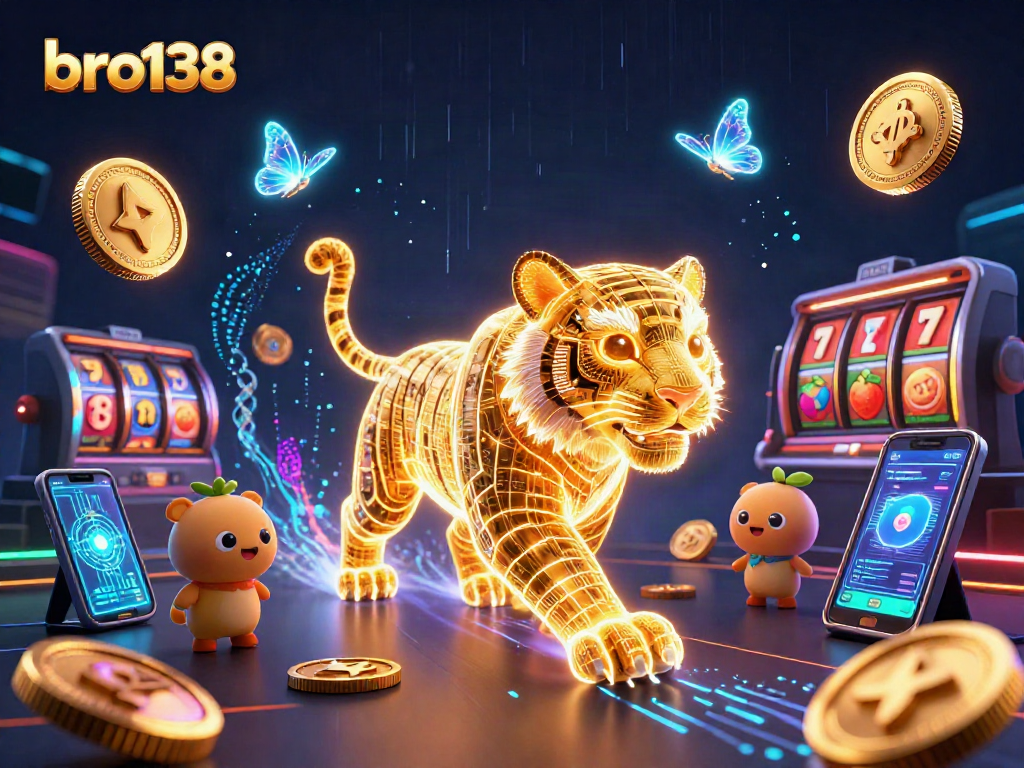 Engage with bro138 in this vibrant casino landscape featuring a neon tiger and crypto coins.