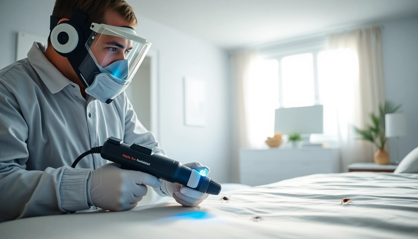 Bed bug exterminators inspecting a home with professional equipment, ensuring thorough treatment.