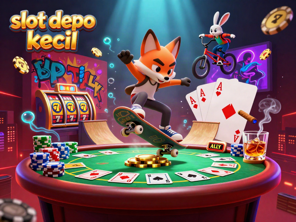 Experience thrilling gameplay with slot depo kecil, featuring dynamic casino elements and cartoon characters illustrating fun.