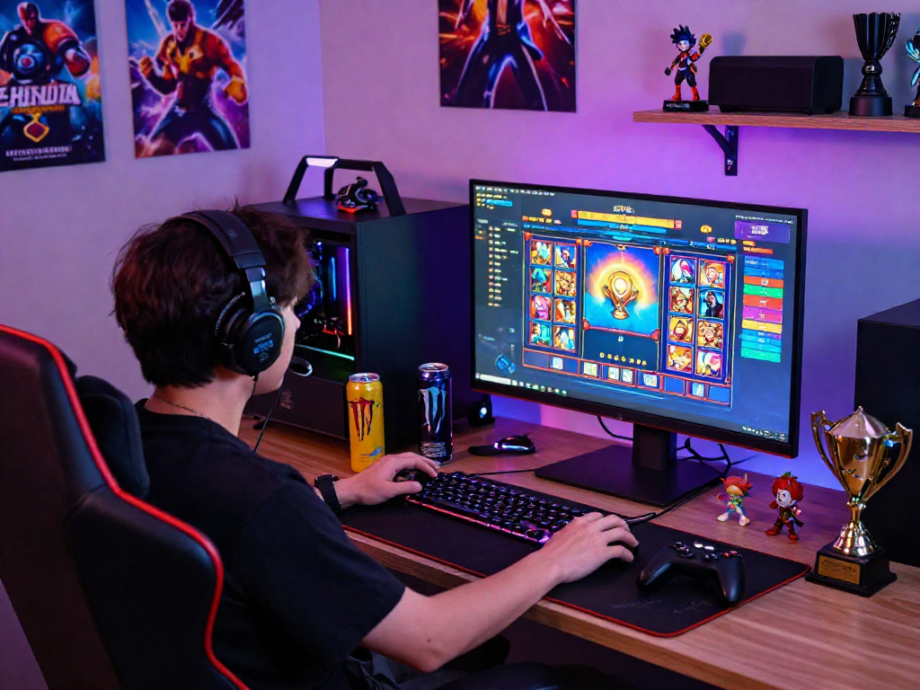 Pengguna bermain situs slot di ruang permainan dengan dekorasi penuh warna dan aksesoris gaming.