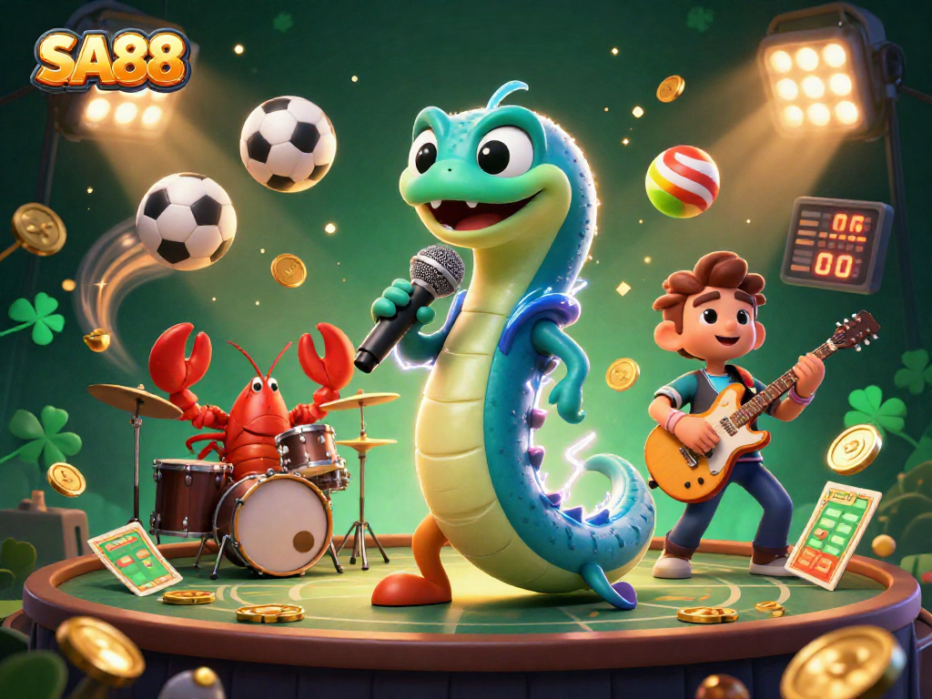 SA88 showcases an electric eel DJ, lobster drummer, and seahorse guitarist at an underwater casino stage.