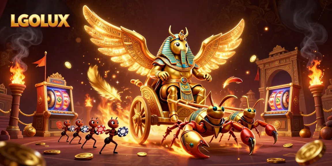 Experience thrilling slot action with LGOLUX: a golden scarab beetle chariot racing through a rich casino scene.