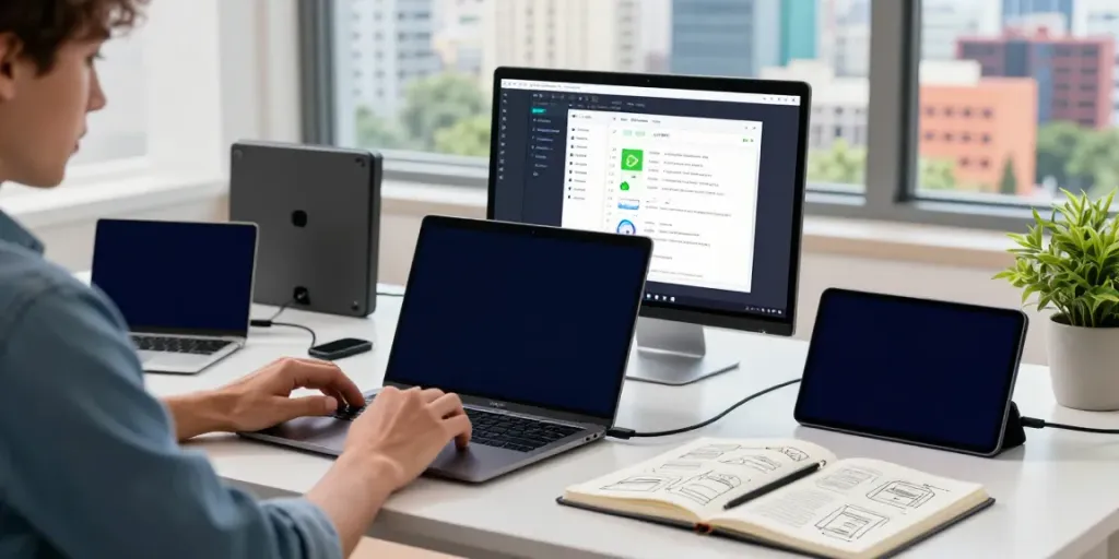 Developer testing 2113 Apps in a dynamic tech workspace with multiple screens.