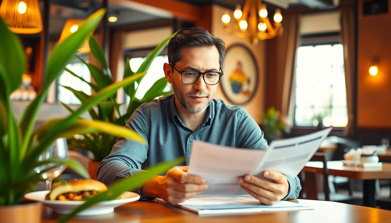 Restaurant owner exploring merchant cash advance for restaurants amidst a charming dining ambiance.