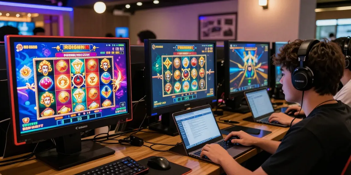 Engaged players exploring the situs 888 with exciting Zeus-themed slots on digital devices, showcasing vibrant gaming atmosphere.