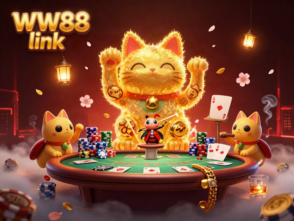 Engage with the WW88 link in a vibrant casino-themed illustration depicting a lucky cat, poker elements, and festive ambiance.