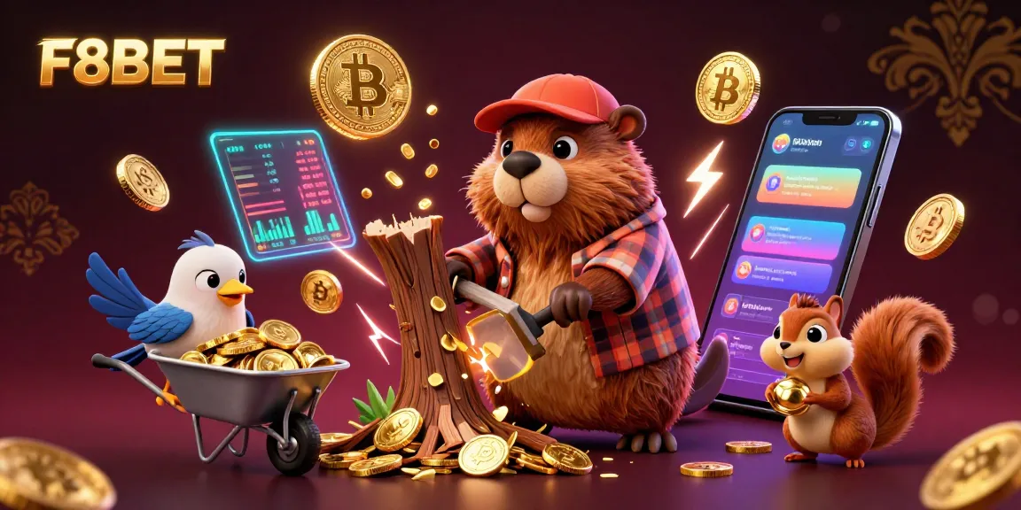 Engage with F8BET in this vibrant 3D illustration where characters collect cryptocurrency coins amidst a whimsical casino backdrop.