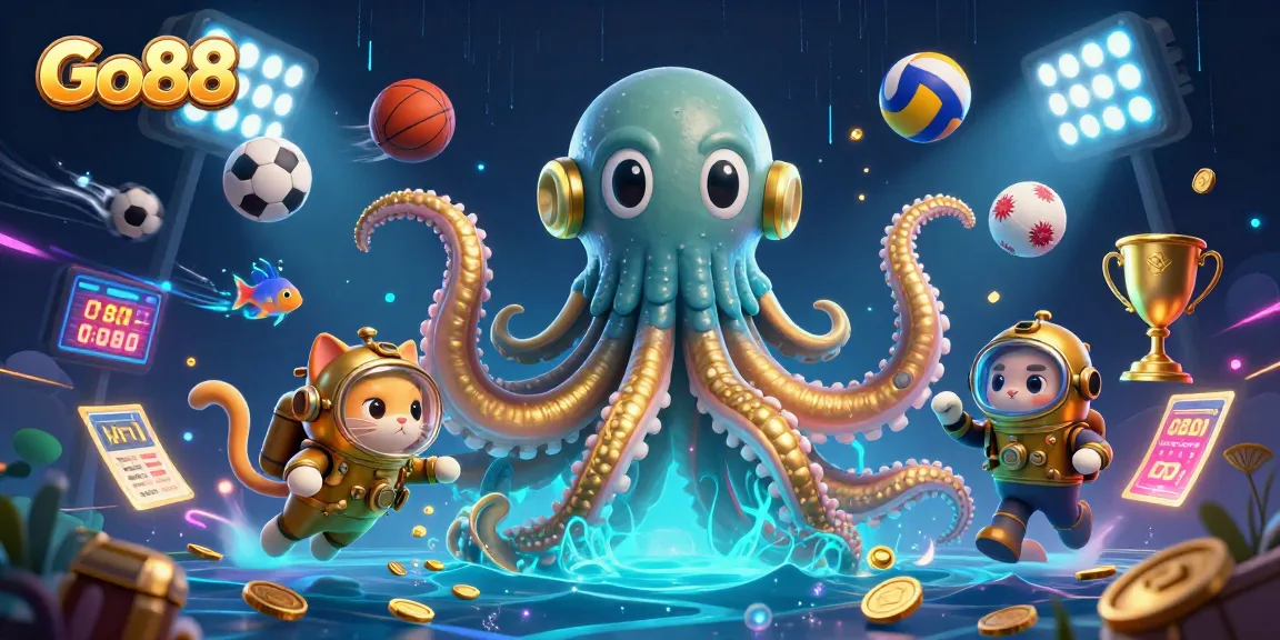Bet on Go88 with a vibrant 3D scene featuring kraken, diving cat, and sports elements dynamically engaging.