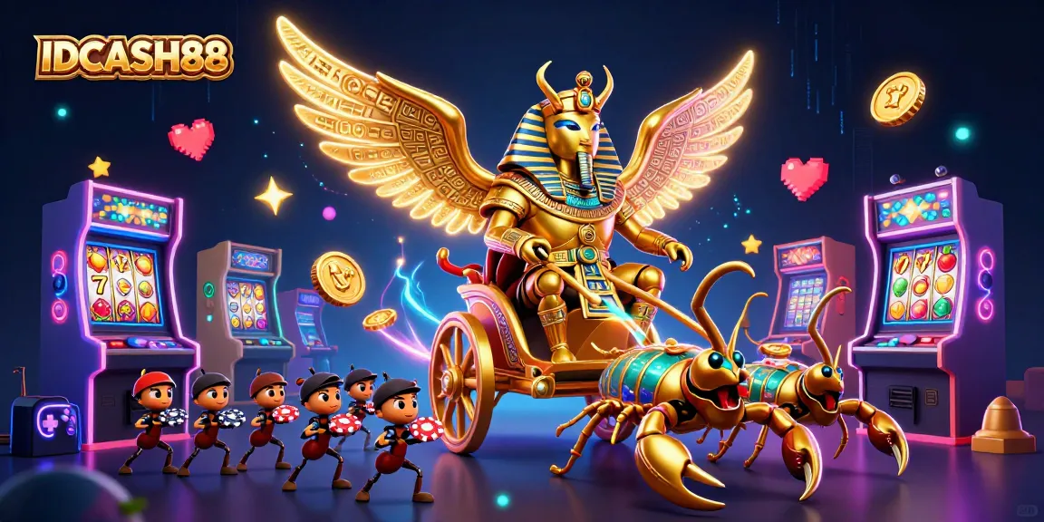 Engage your luck with IDCASH88 featuring a golden scarab beetle in an energetic casino scene filled with slot games.