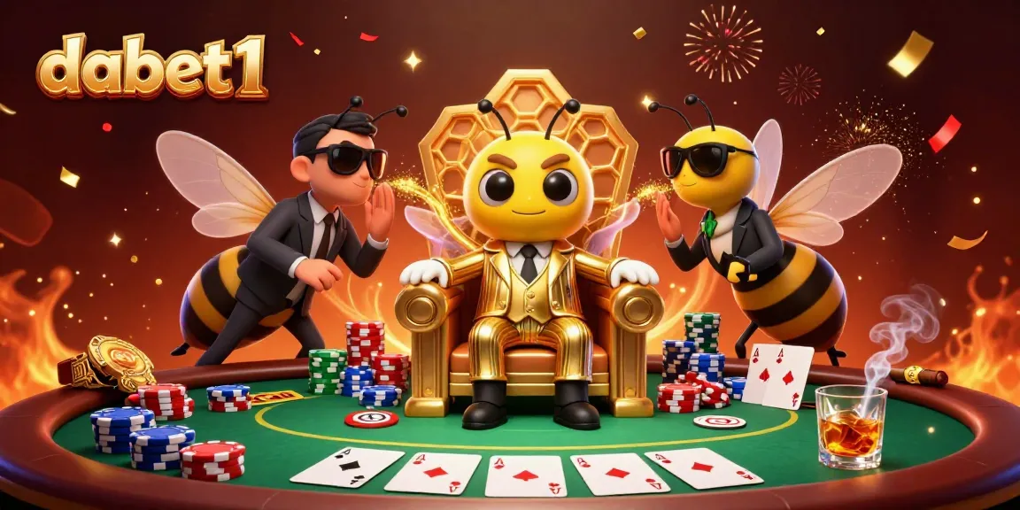 dabet1 showcases a vibrant 3D illustration of a poker scene featuring a bumblebee mob boss and wasp bodyguards.