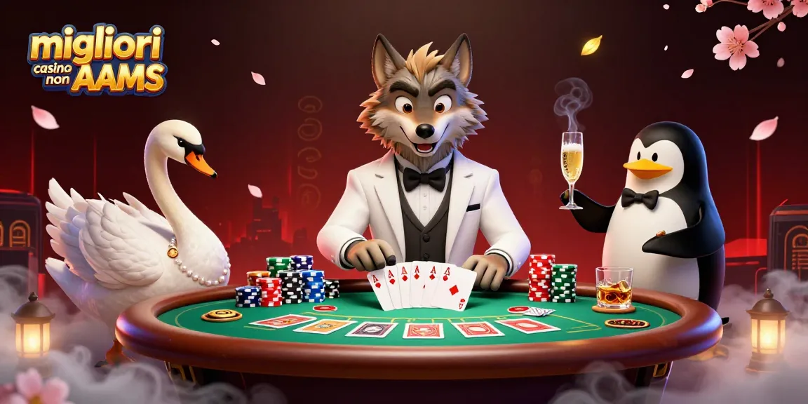 Giocando nei migliori casino non AAMS con un lupo elegante, un cigno e un pinguino che servono champagne.
