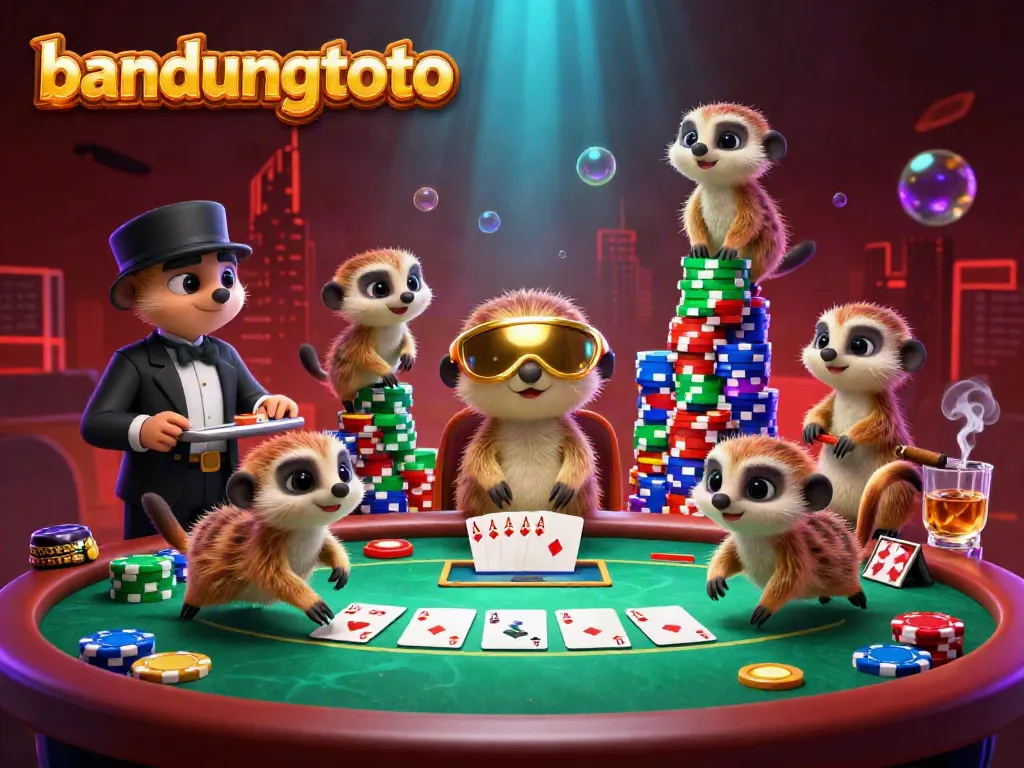 Experience the excitement of bandungtoto casino with meerkats managing games and poker chips.