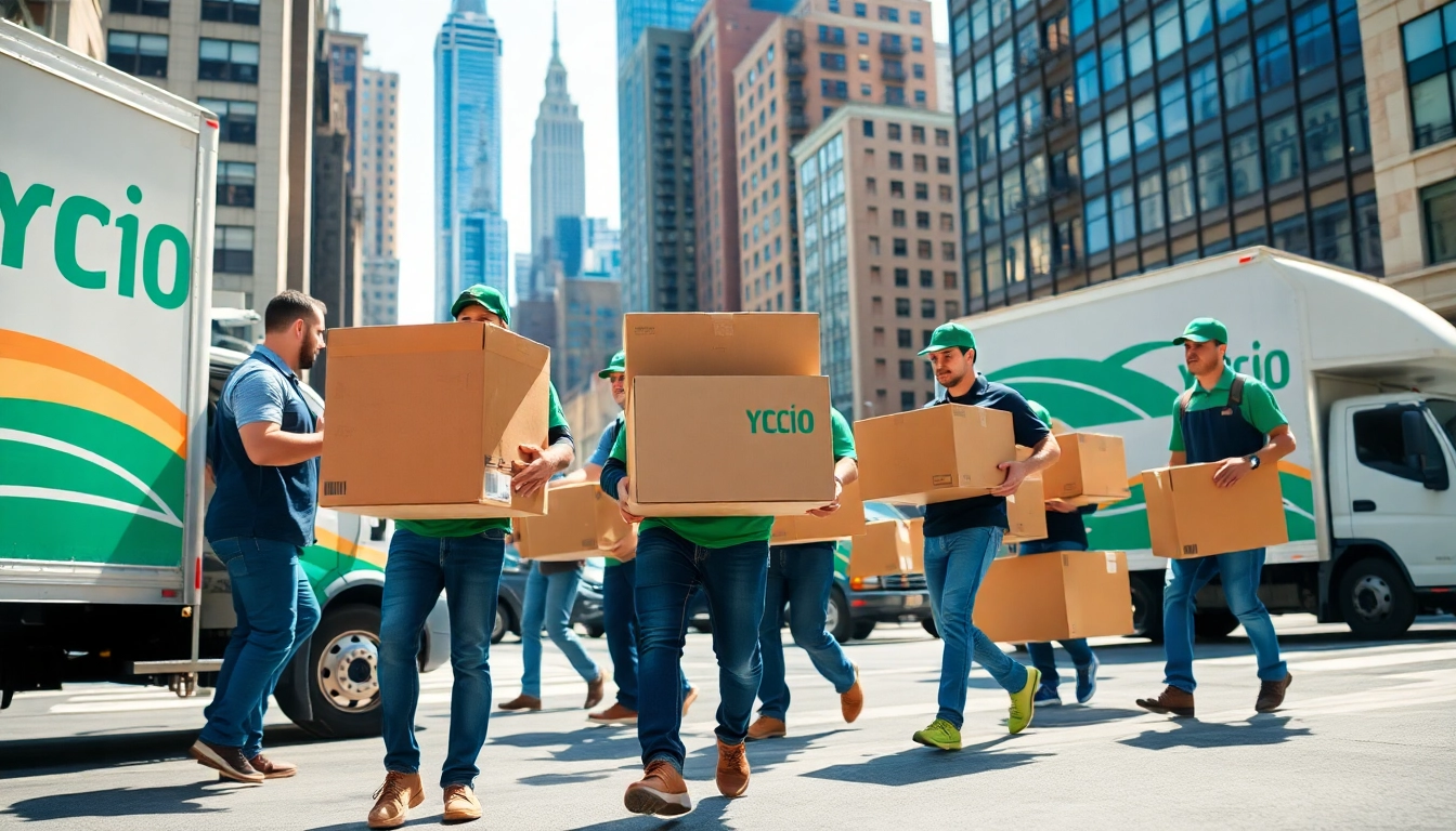 Efficient residential movers nyc carefully transporting boxes in a vibrant New York City setting.