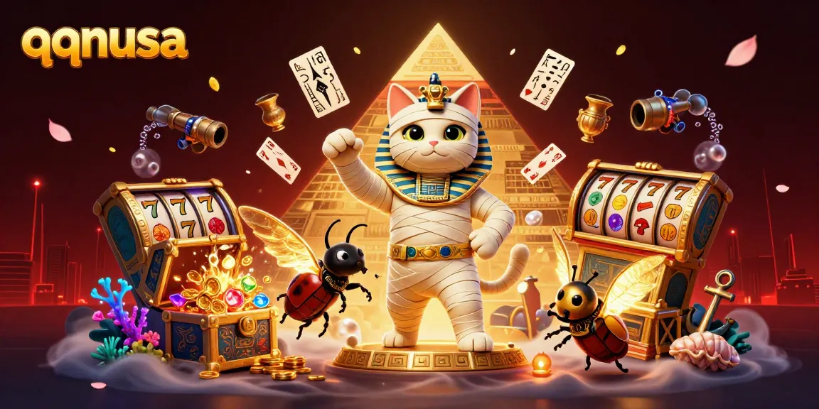 Engage with the vibrant gaming scene in qqnusa featuring a mummy cat in a pyramid casino.