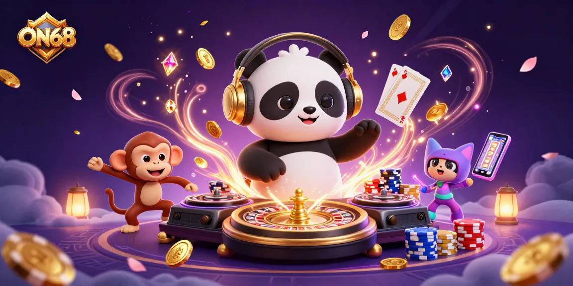 Experience ON68's vibrant casino scene with a DJ panda, breakdancing monkey, and glow-stick kitten.