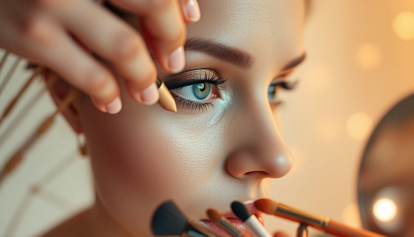 Apply champagne eyeshadow for a radiant and elegant eye look on a makeup model.