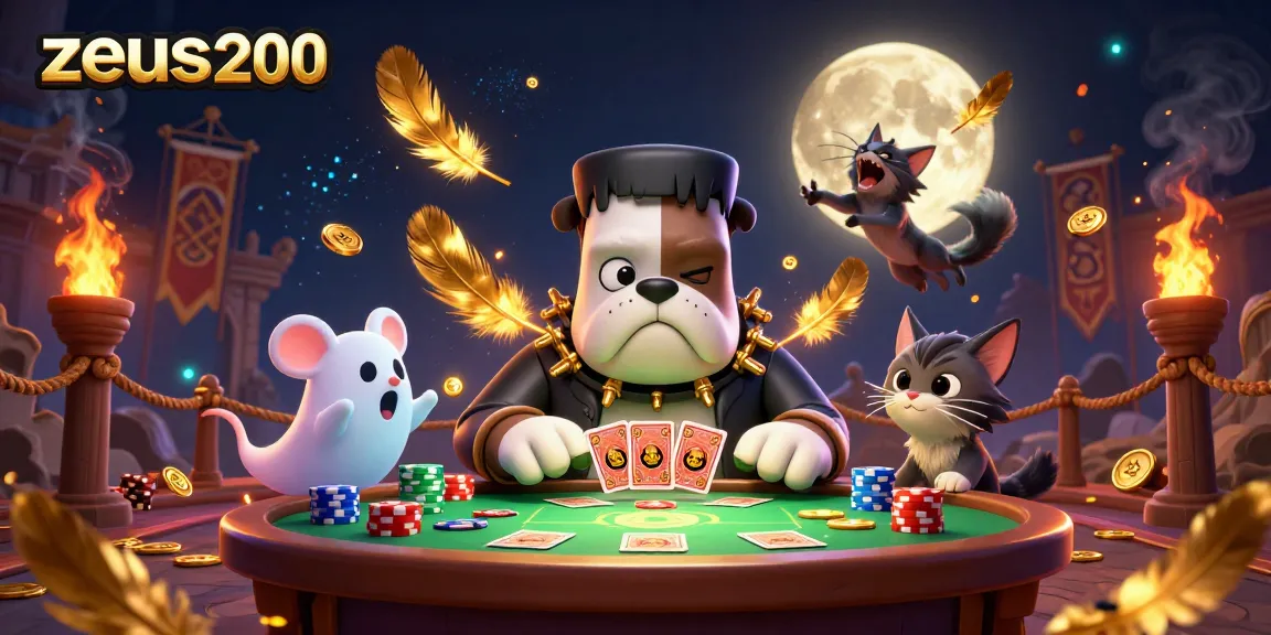 Zeus200 menghadirkan suasana kasino dengan anjing Frankenstein dan kucing werewolf di meja hijau.