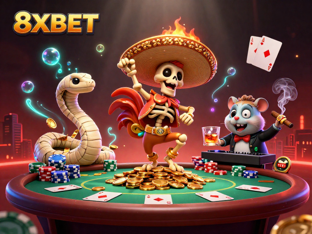 Experience immersive fun at 8XBET with vibrant characters celebrating casino wins amidst dynamic game elements.