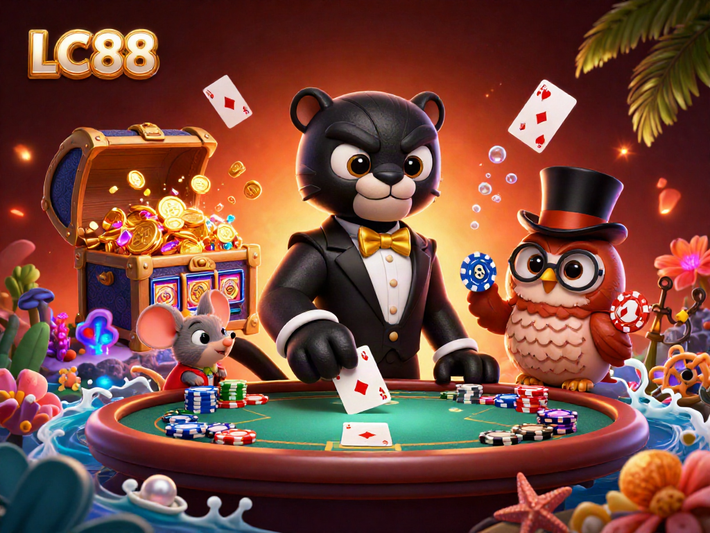Engage with LC88's vibrant casino environment as characters play poker, surrounded by colorful game elements.