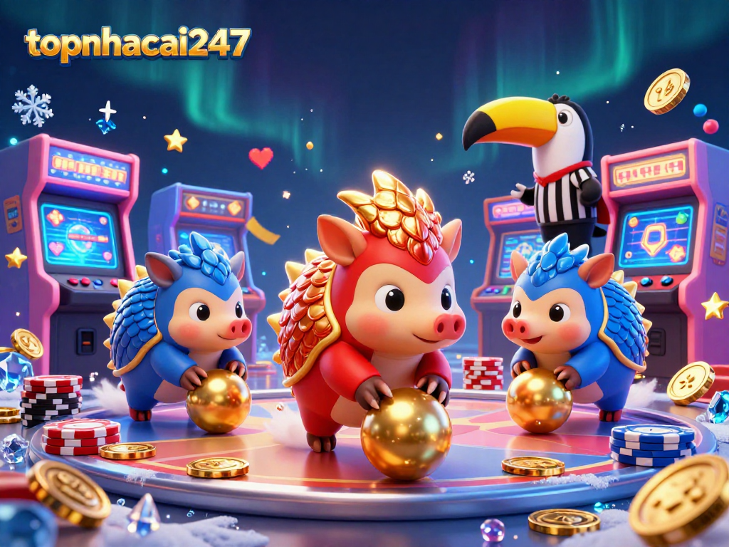 topnhacai247 features rival pangolins in colorful armor enjoying casino-themed gaming action.