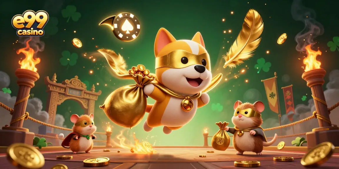 e99 casino superhero dog carrying gold coins in dynamic 3D illustration amidst casino-themed elements