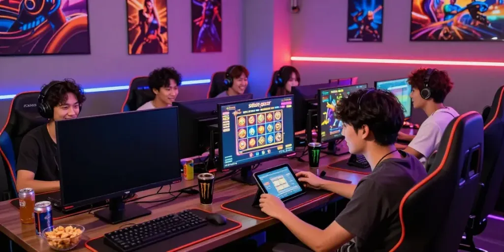 Engaged group gaming in a vibrant lounge, exploring situs gacor slots.
