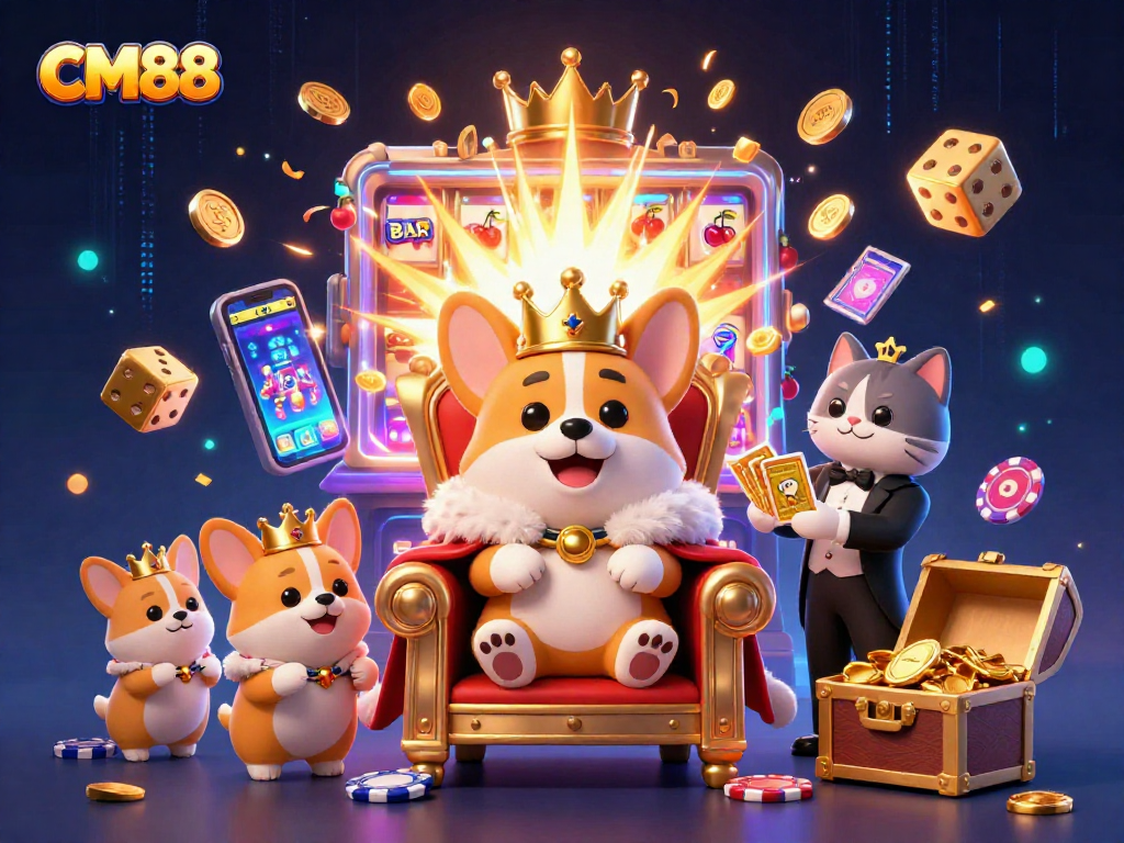 Experience excitement with CM88's royal corgi surrounded by a jackpot explosion of casino elements.
