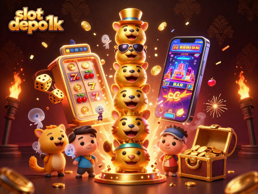 Play and win big at slot depo 1k with an exciting 3D casino scene bursting with rewards and playful elements.