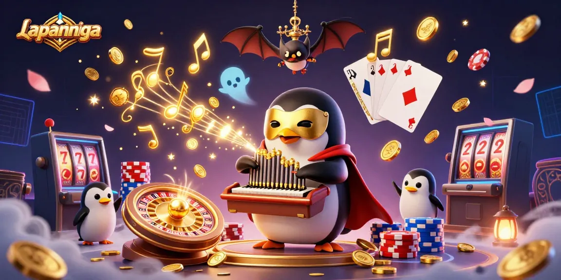 Experience thrilling gaming with Lapannaga as a lively penguin plays an organ amidst coins and cards.