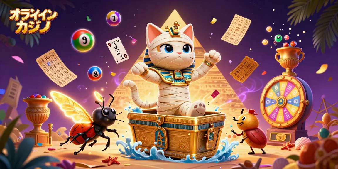 オンラインカジノのエジプトのミイラ猫が金のサルコファガスから飛び出している魅力的なシーン