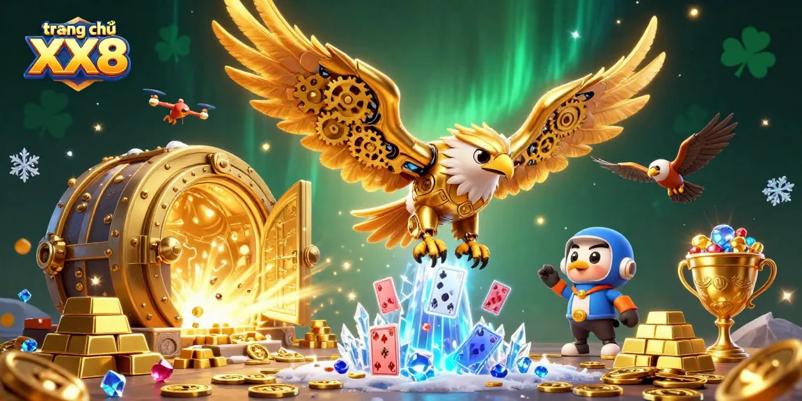 Experience the excitement of trang chủ XX8 with a vibrant 3D scene featuring a cybernetic eagle and casino elements.