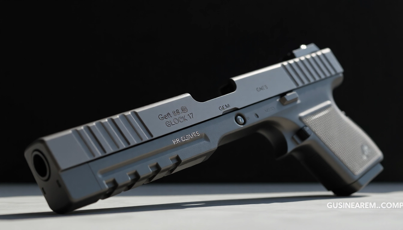 Showcase a glock 17 gen 5 mos slide oem highlighting its precise design and sheen on a dark background.